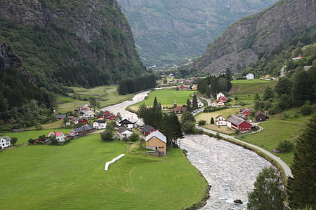Noruega, fiordo, aldea, panorama, sendero, montaña, naturaleza