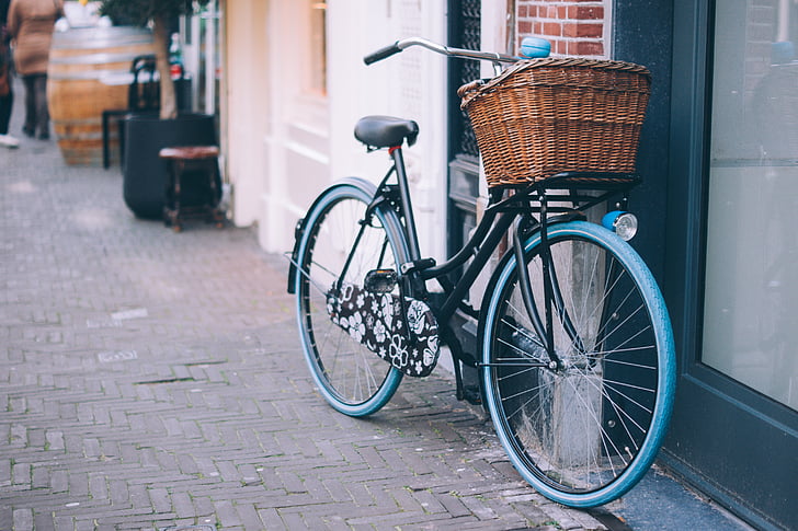 bicycle, bike, parked, basket, bell, cycle, biking