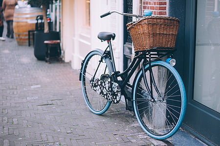 bicicleta, bicicleta, estacionado, cesta, campana, ciclo, andar en bicicleta