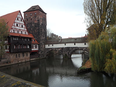 Nuremberg, cidade velha, Pegnitz, ponte, Outono, Torre, Rio