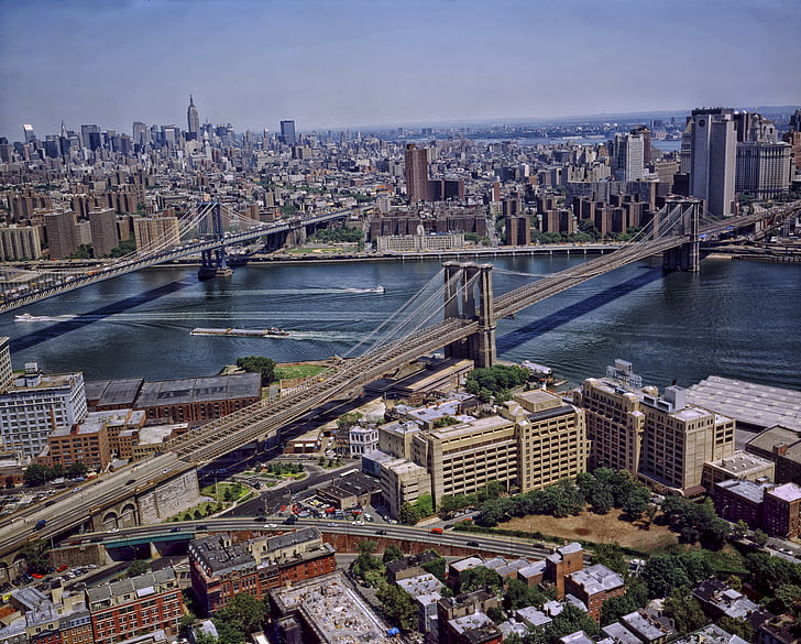 Manhattan Bridge, Brooklynský most, New york city, městský, Panorama, Památky a zajímavosti, historické
