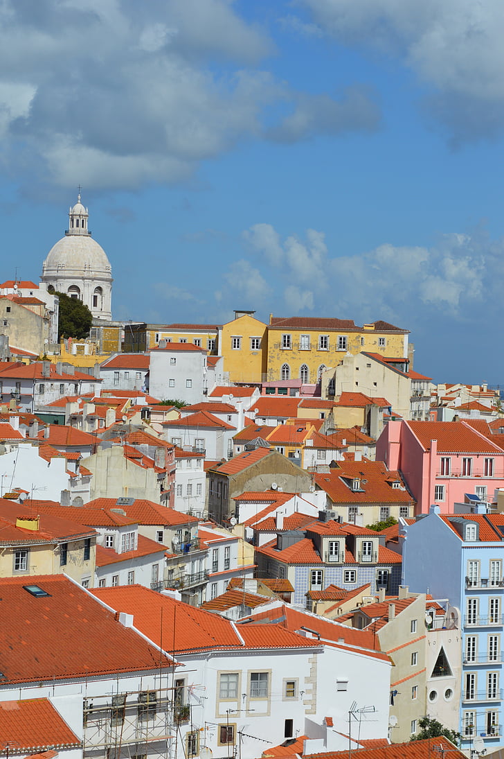 lizbonske, pogled, strehe, hiše, oranžna, poletje, sonce