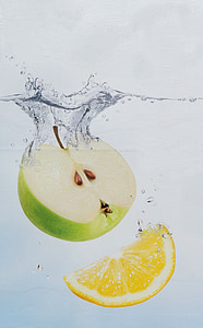 apple, lemon, water bath, picture composition, advertising, food, healthy
