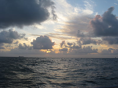 ocean, sunrise, sunset, sky, blue, clouds, cloudy
