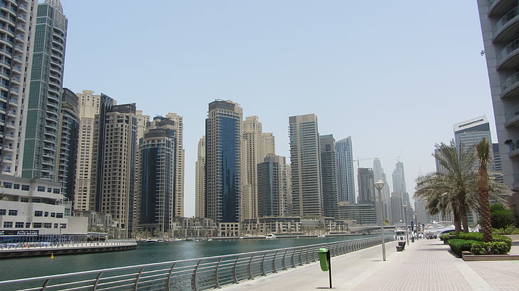 havet, staden, byggnader, hamn, skyskrapa, stranden, Dubai