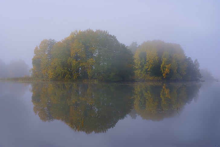 long isthmus, reserve, water, autumn, sweden, mist, mirror image