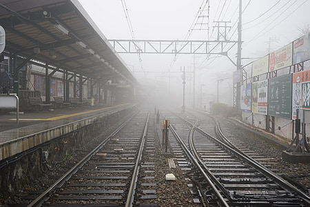 sledování, nádraží, mlha, vlakem, železniční trať, Doprava, železniční stanice platforma