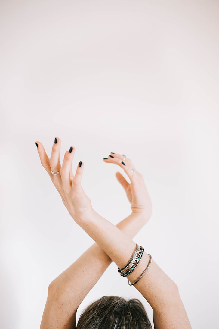 woman, black, nail, polish, wearing, silver, bangles