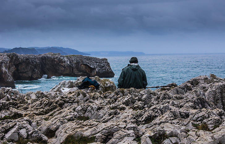 Asturias, pescador, clima, piedra, mar, agua, Golfo de Vizcaya