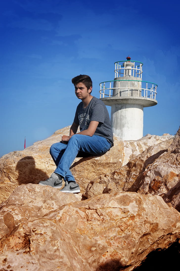 young man, male model, fashion, the stones are, lighthouse