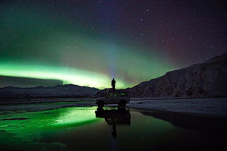 vert, aurore, borealis, gens, homme, Aurora borealis, silhouette