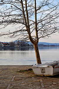 jazero, loďou, vody, Ioannina, Grécko