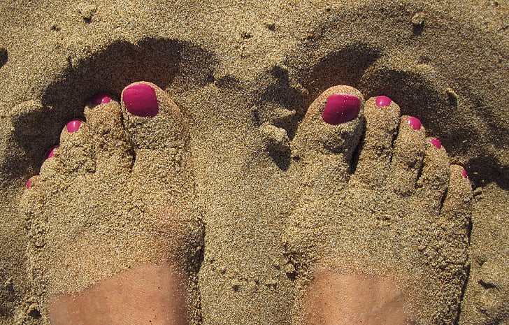 pieds, pieds nus, sexy, dix, sable, vernis à ongles, détente