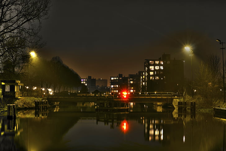 bridge, buildings, city, lights, night, reflection, river