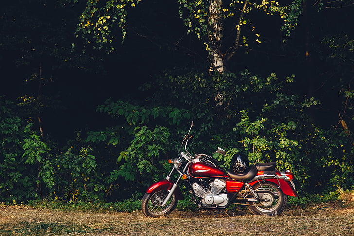 red, white, touring, motorcycle, brown, grass, daytime