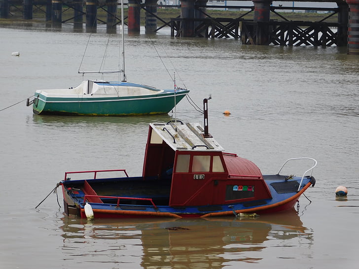 boat, sinking, river, water, nautical, old, vessel