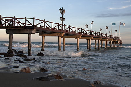 piedras de arena, mar, puente, farolas, Playa, Costa