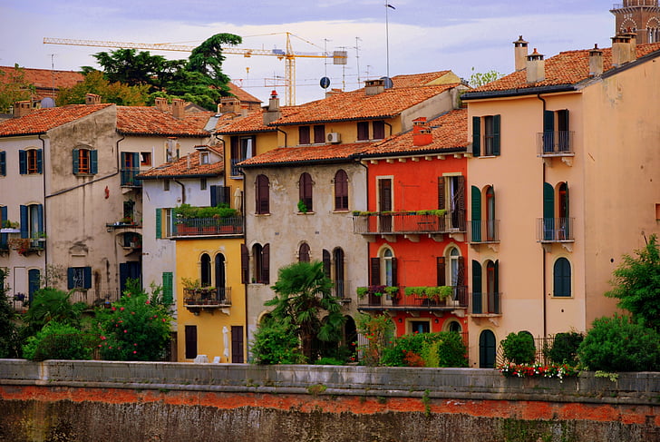 huizen, kleurrijke, Verona, Adige, huizen, oude, het platform