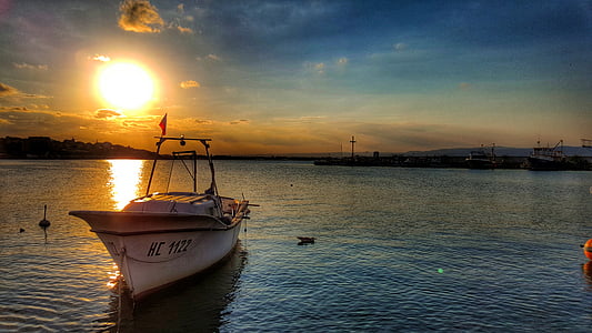 barco, agua, en la noche, puesta de sol, gran, reflexión