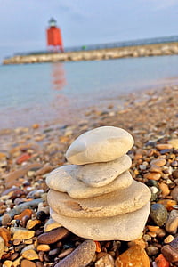 stacking stones, lighthouse, michigan, charlevoix, beach, nature, coastline