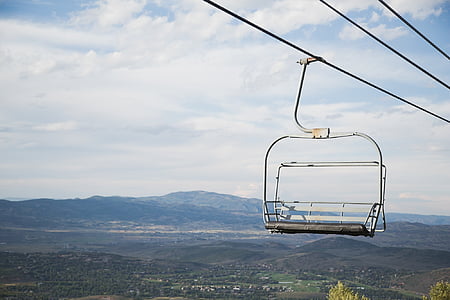 chairlift, aerial, view, mountains, hills, fields, sky