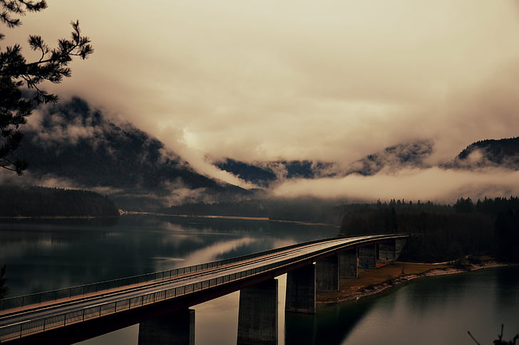 road, lake, bridge, sylvensteinspeicher, gloomy, landscape, autumn