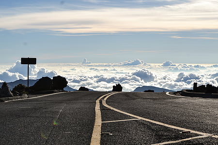 asphalt, clouds, outdoors, perspective, road, sea of clouds, travel