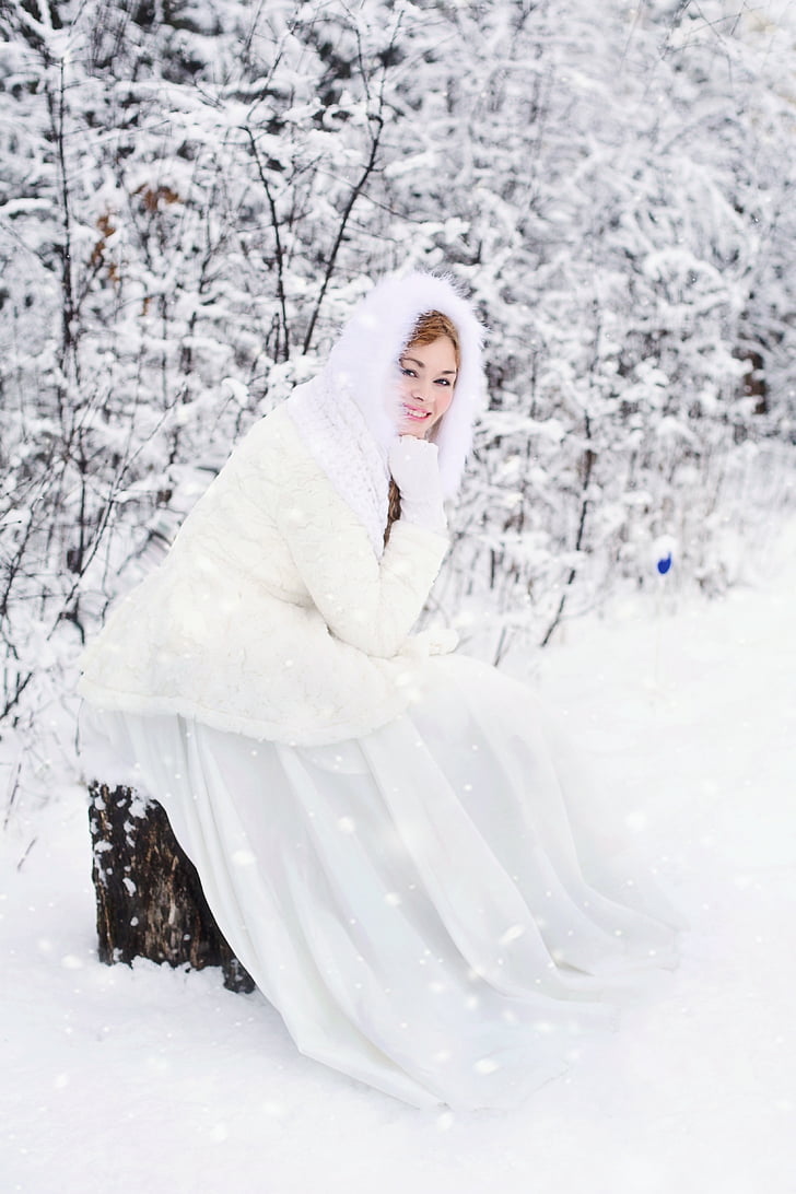 hideg, női, modell, személy, ül, hó, téli