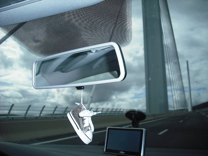 car, pont millau, rear view mirror