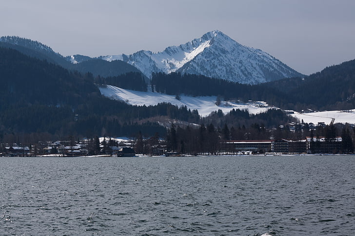 søen, Mountain, sne, Panorama, Bank, Hotel kompleks, Sky