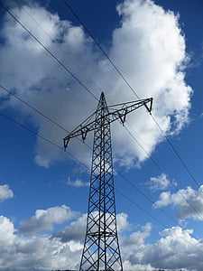 strommast, sky, blue, electricity, energy, clouds, high voltage