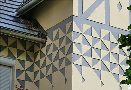 Casa, pared, fachada, decoración, alivio de la, pintura, geometría
