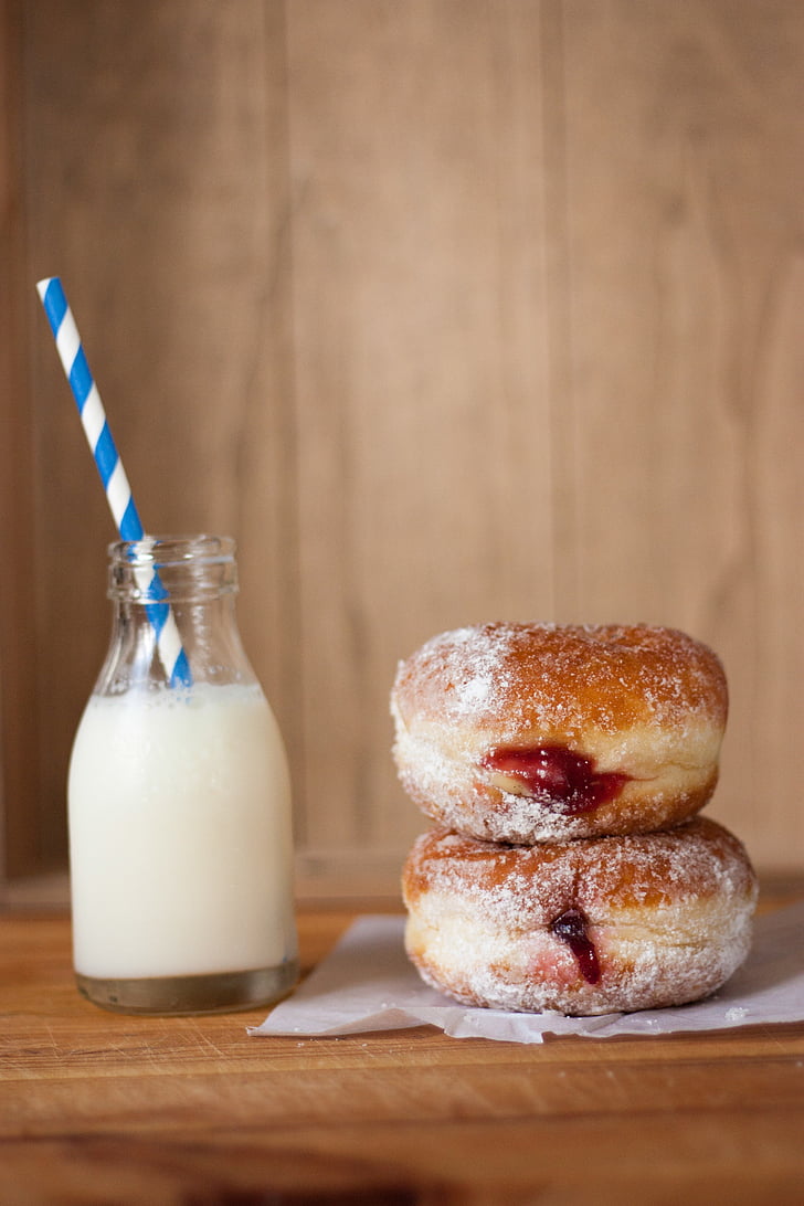 two, flavored, donuts, clear, glass, milk, bottle