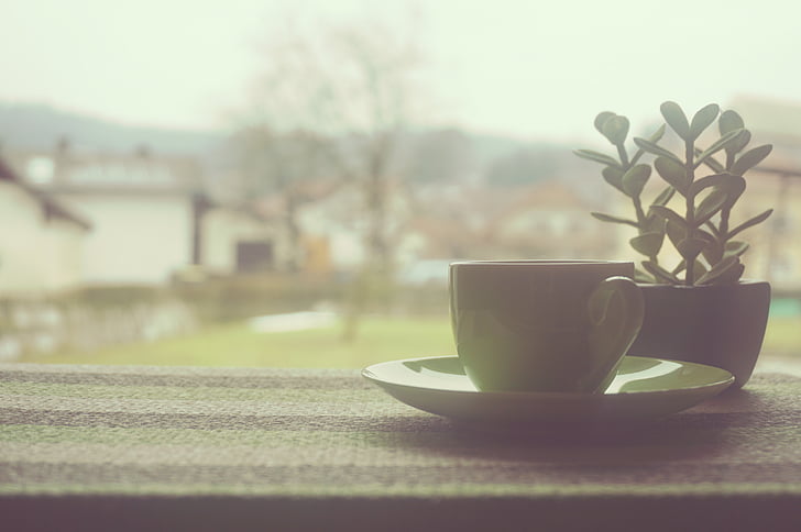 grön, keramiska, Cup, tefat, nära, fönster, kaffe