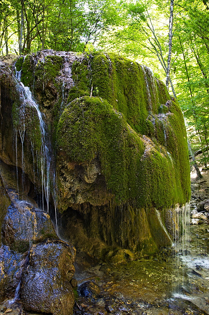 crimea, mountains, waterfall silver jet, nature, journey, forest, moss