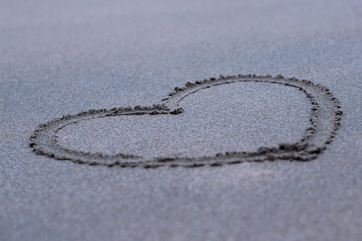 hart, strand, liefde, zand, geborsteld, zee, symbool