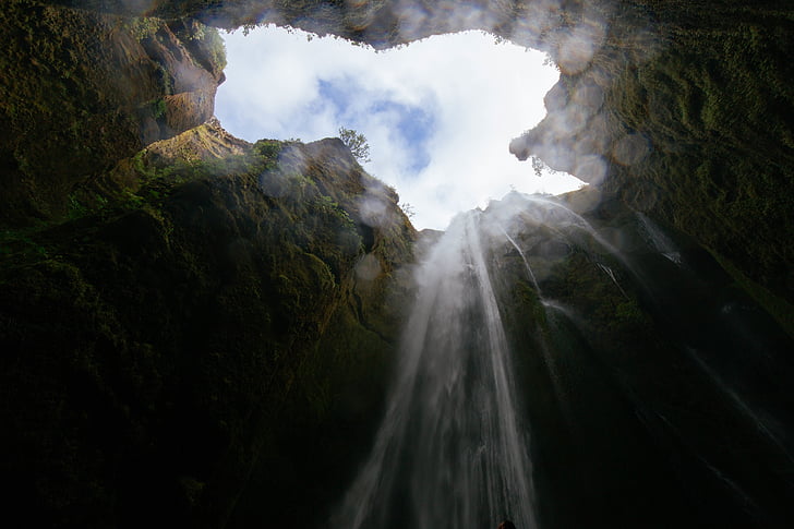 Cave, gropen, vattenfall, insidan, innerst inne, tittar upp, andlös