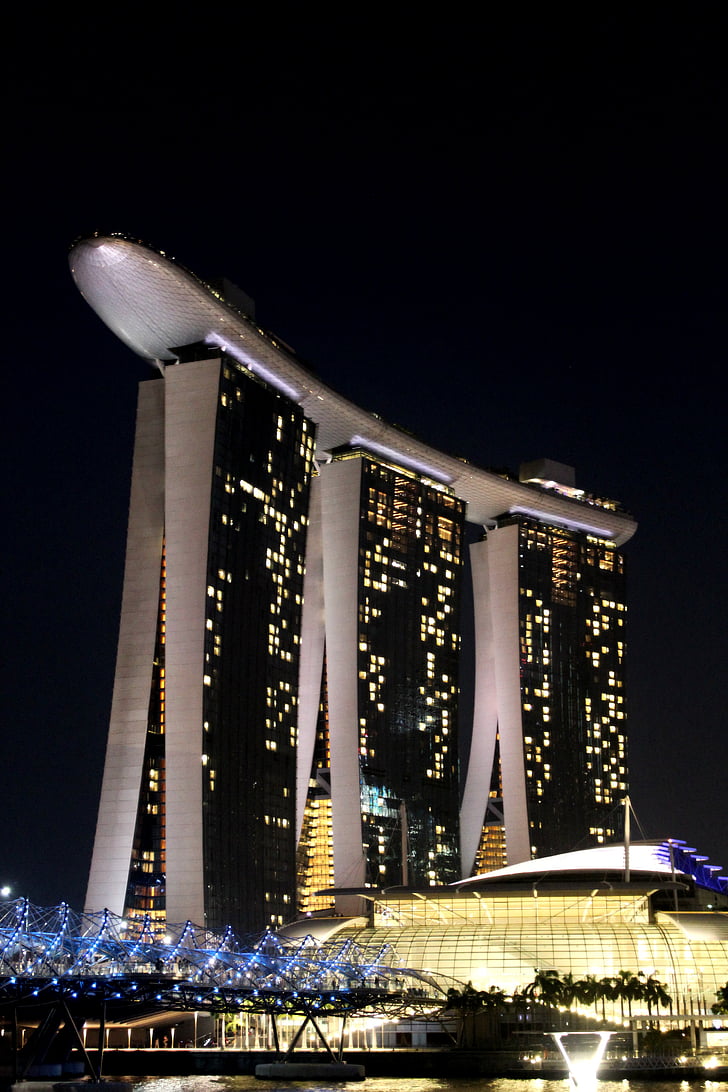 Cingapura, Baía de Marina, visão noturna, moderna, edifício, alto