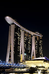 싱가포르, 마리나 베이, 야경, 현대, 건물, 키가