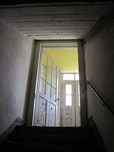 ajtó, lépcsők, Keller, fény, régi, törött, fal
