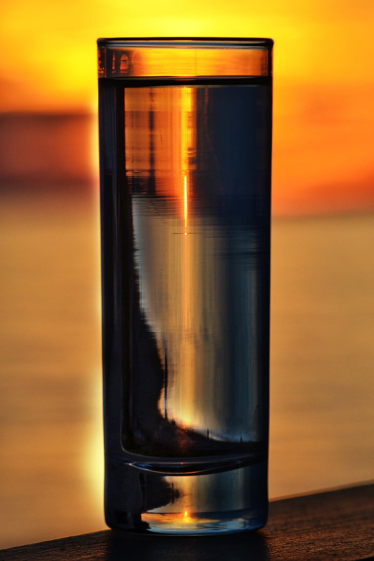 dawn, drinking glass, dusk, macro, sunrise, sunset, water