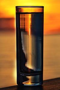 solnedgång, Seaside, vatten, glas, reflektioner, Orange, brand sky