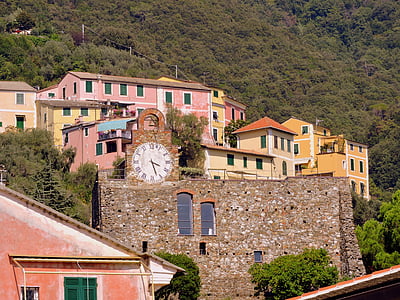 färgglada hus, klocka, cinque terre, Mountain, Italien, hus, färger