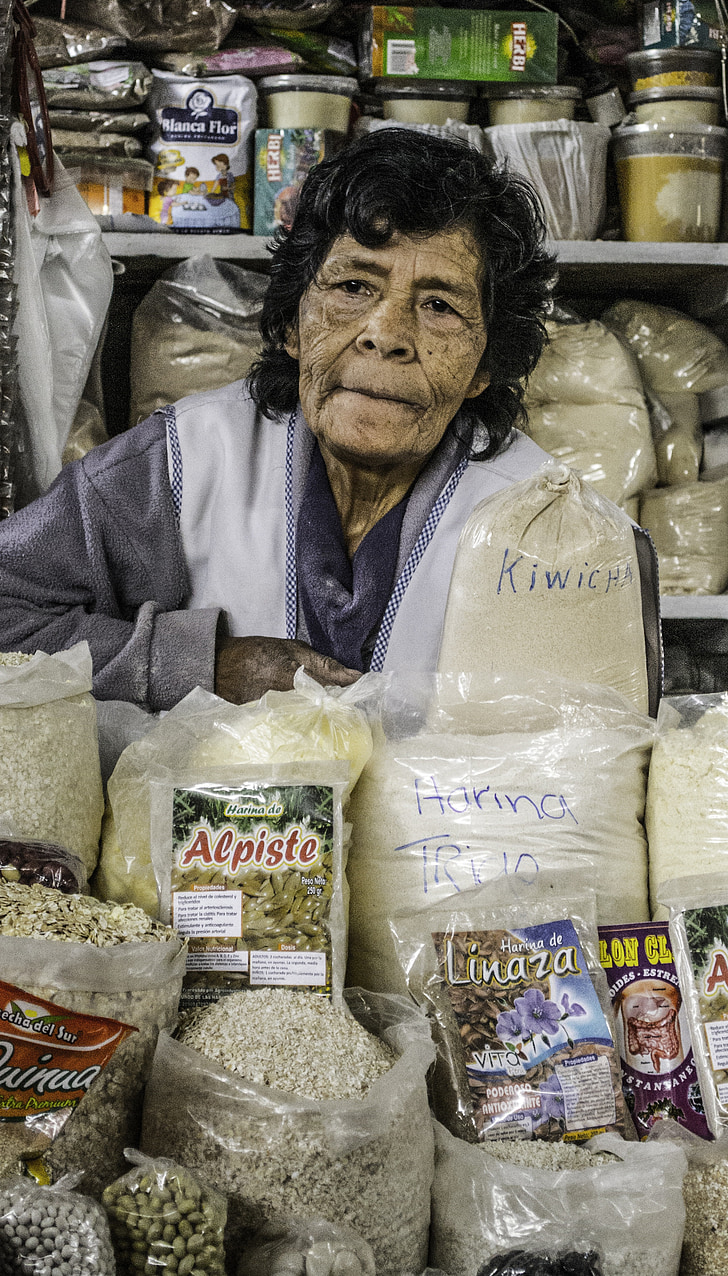 woman, vendor, person, old, dried goods, market, seeds