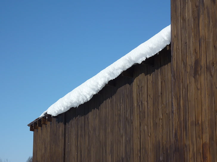 sne, stall væg, solskin, blå himmel, vinter, træ - materiale, blå