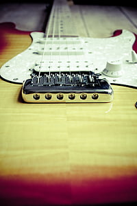매크로, 샷, 하얀, 갈색, stratocaster, 전기, 기타