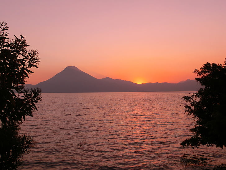 Guatemala, zonsondergang, reizen, scenics, silhouet, rustige scène, berg