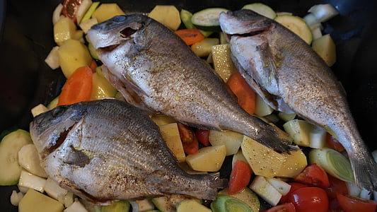 sea bream, fish, vegetables, fish pan, food, dine, eat