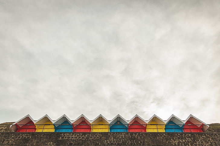 gul, blå, rød, huset, taket, Foto, på rad