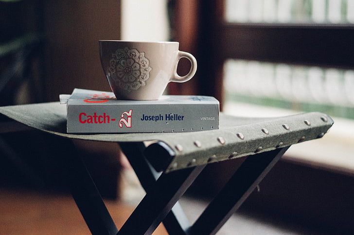 tray, coffee, cup, mug, morning, book, novel